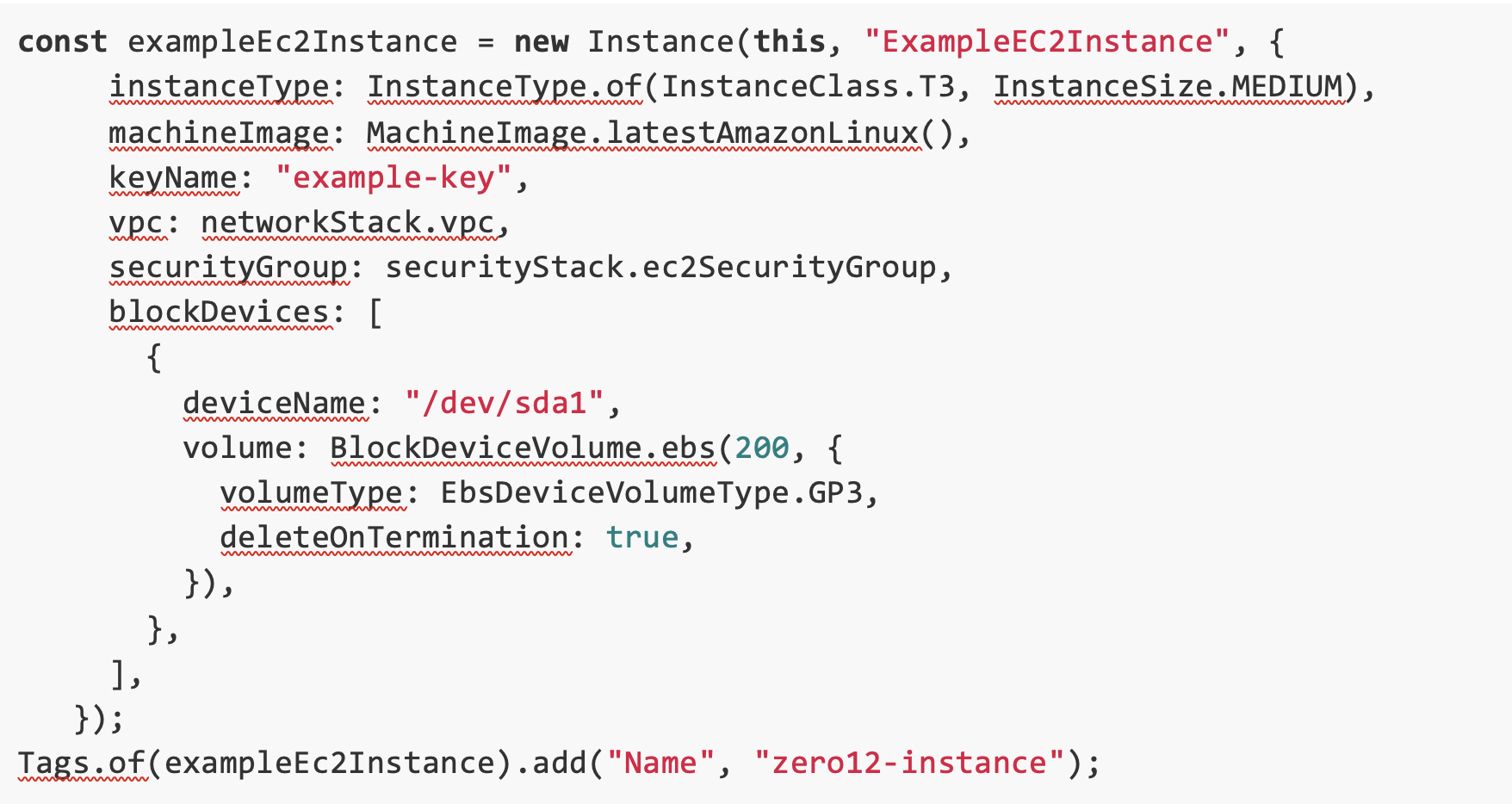 un esempio di istanza EC2 in CDK, utilizzando il linguaggio TypeScript